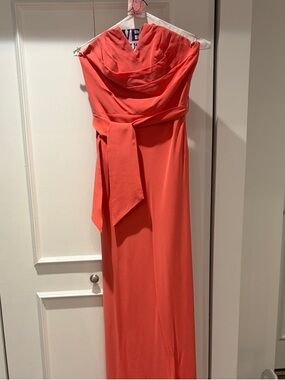 Ted Baker Strapless Coral Gown with Draped Cowl and Waist Sash